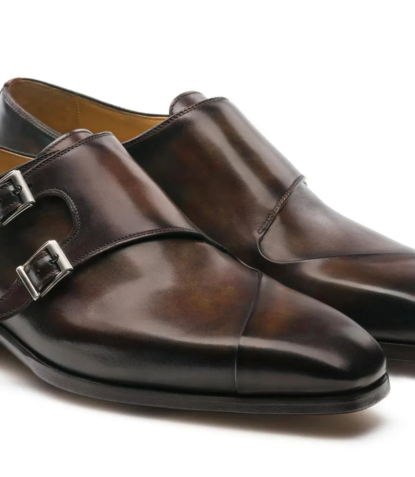 The Palermo Double Monk Straps - Handcrafted Brown Woven Leather Double Monk Strap Shoes with silver buckles for men