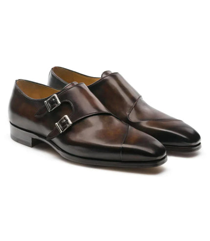 The Palermo Double Monk Straps - Handcrafted Brown Woven Leather Double Monk Strap Shoes with silver buckles for men