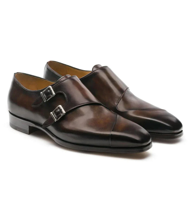 The Palermo Double Monk Straps - Handcrafted Brown Woven Leather Double Monk Strap Shoes with silver buckles for men