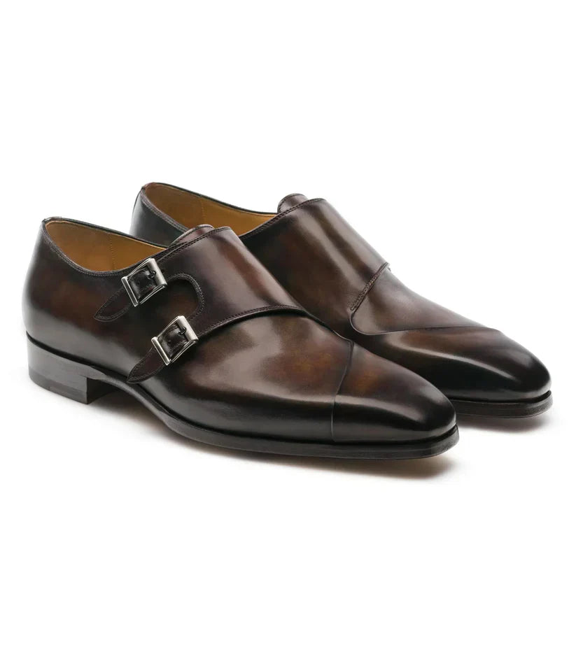 The Palermo Double Monk Straps - Handcrafted Brown Woven Leather Double Monk Strap Shoes with silver buckles for men