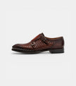 The Bari Double Monk Straps - Handcrafted Brown Woven Leather Double Monk Strap Shoes with silver buckles for men