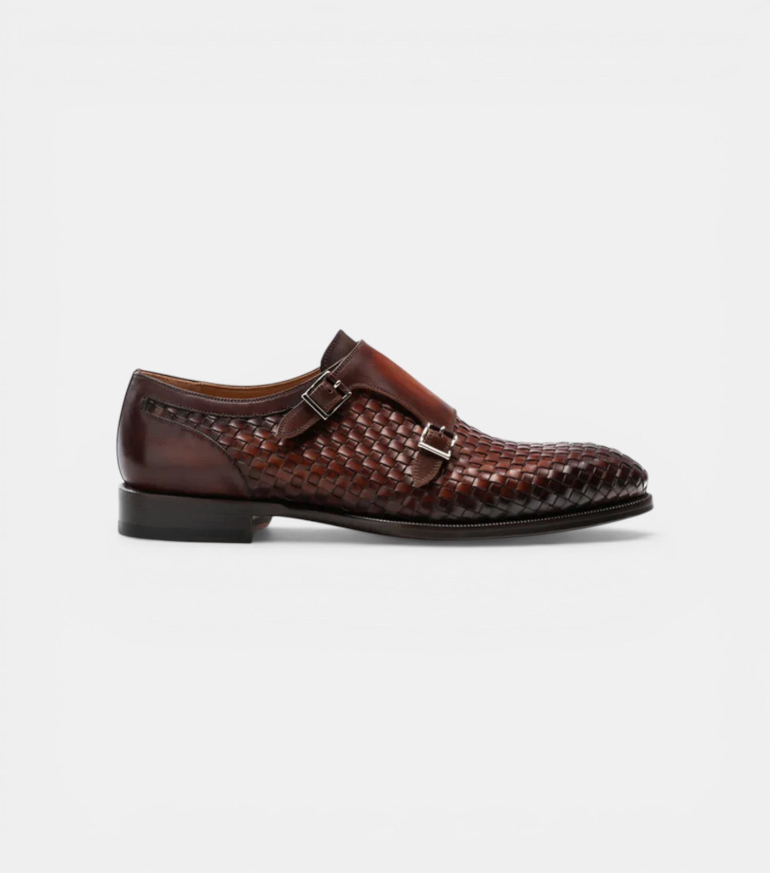 The Bari Double Monk Straps - Handcrafted Brown Woven Leather Double Monk Strap Shoes with silver buckles for men