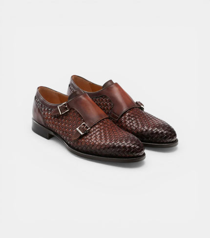 The Bari Double Monk Straps - Handcrafted Brown Woven Leather Double Monk Strap Shoes with silver buckles for men