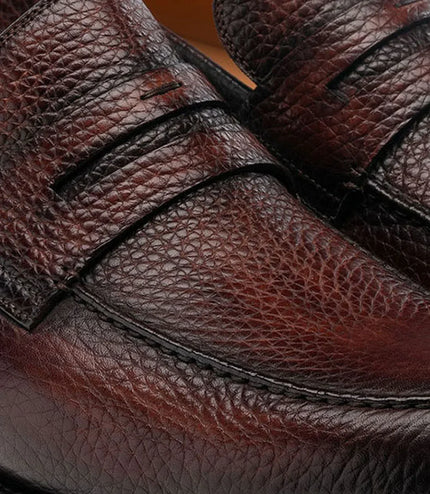 The Trani Loafers - Handcrafted Wine and black Saffiano Leather Loafers for Men
