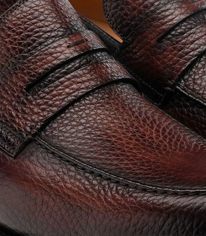 The Trani Loafers - Handcrafted Wine and black Saffiano Leather Loafers for Men