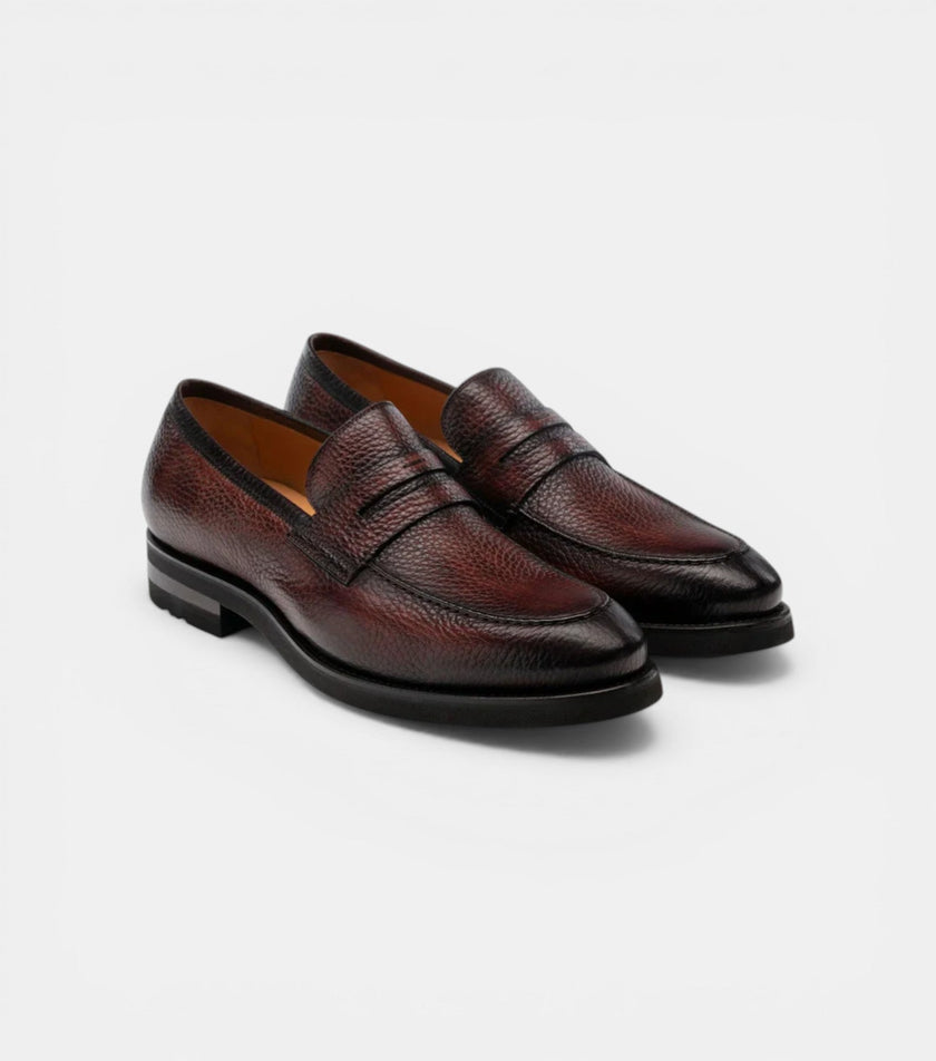 The Trani Loafers - Handcrafted Wine and black Saffiano Leather Loafers for Men