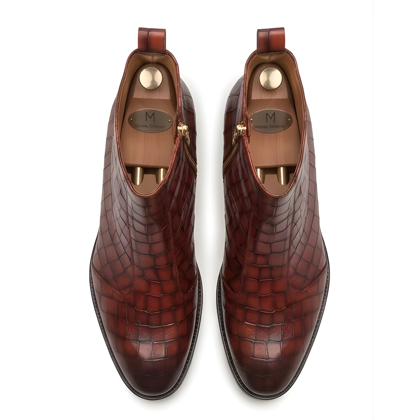 The Trani Handcrafted Burgundy Croc-Embossed Leather Chelsea Boots for Men