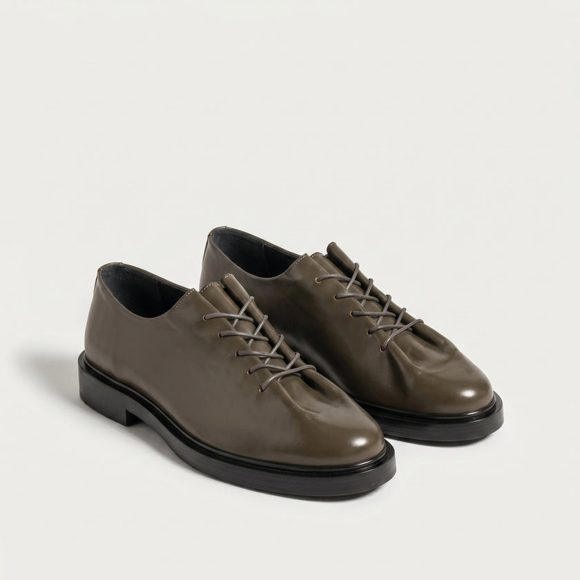 The Pietra Handcrafted Olive Brown Leather Contemporary Round-Toe Oxford-Inspired formal shoes for Men