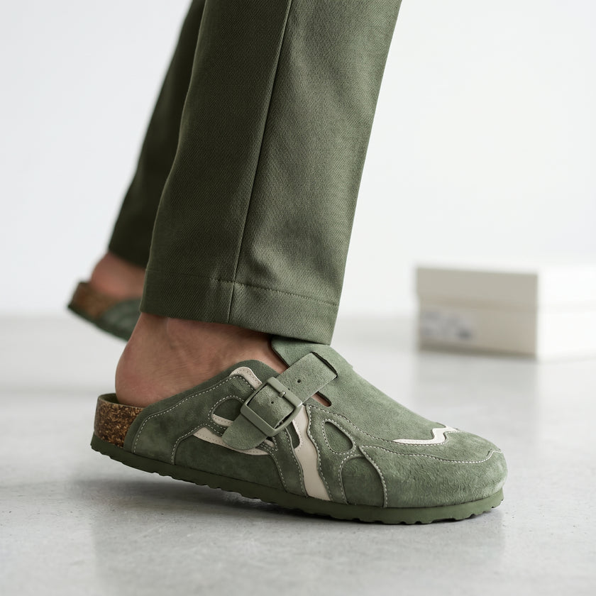 The Arlo Handcrafted Suede Leather Adjustable Buckle Clogs in Sage Green for Men