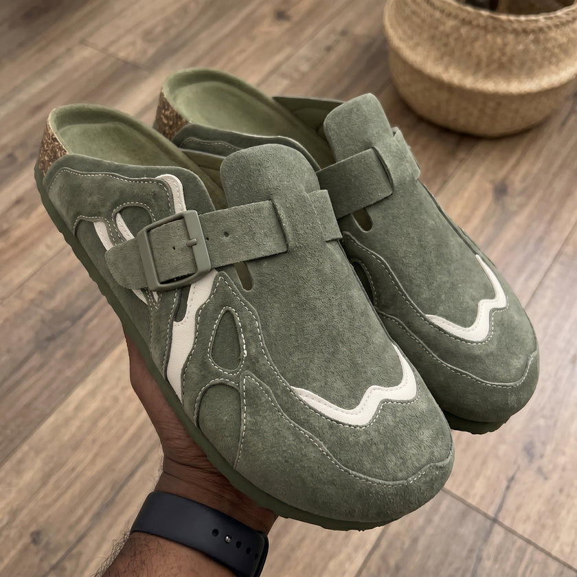 The Arlo Handcrafted Suede Leather Adjustable Buckle Clogs in Sage Green for Men