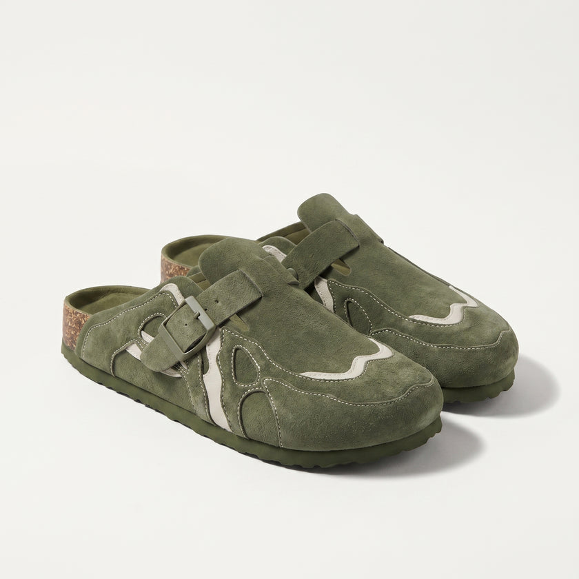 The Arlo Handcrafted Suede Leather Adjustable Buckle Clogs in Sage Green for Men