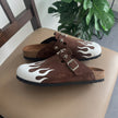 The Maverick Handcrafted Leather Buckle Clogs with Flame Print in Vintage Brown for Men