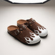 The Maverick Handcrafted Leather Buckle Clogs with Flame Print in Vintage Brown for Men