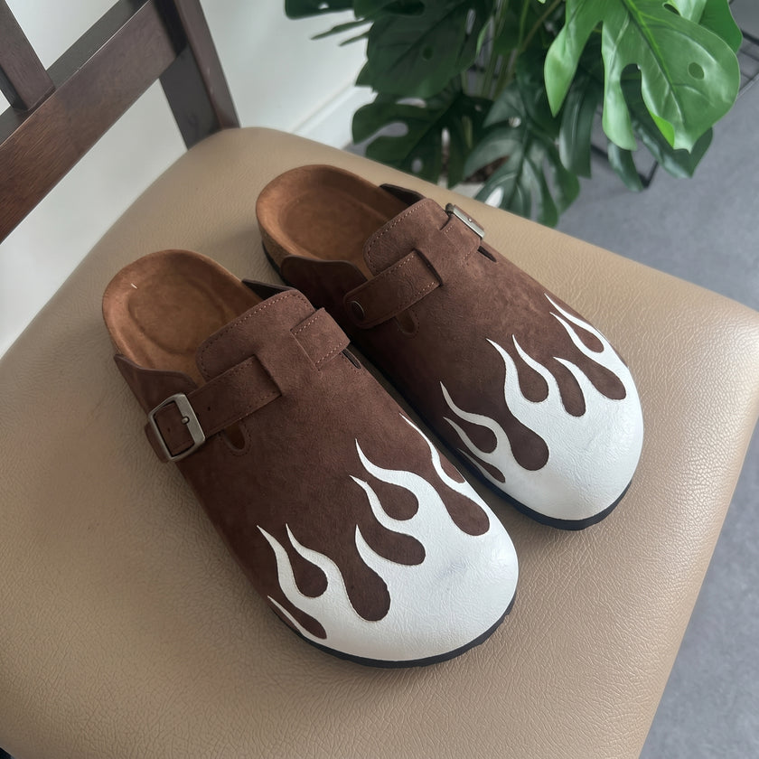 The Maverick Handcrafted Leather Buckle Clogs with Flame Print in Vintage Brown for Men