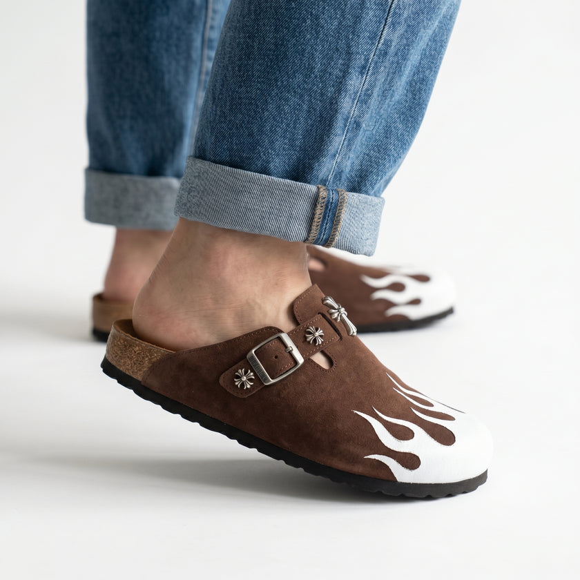 The Maverick Handcrafted Leather Buckle Clogs with Flame Print in Vintage Brown for Men