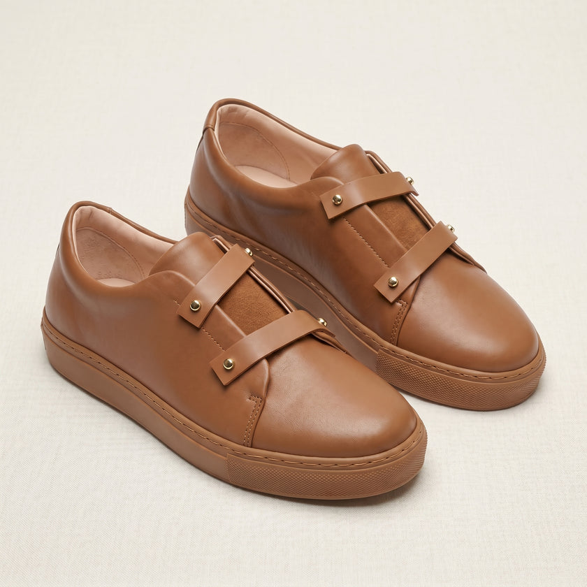 The Marlowe Handcrafted Leather Double Strap Casual Sneakers in Tan Brown for Men