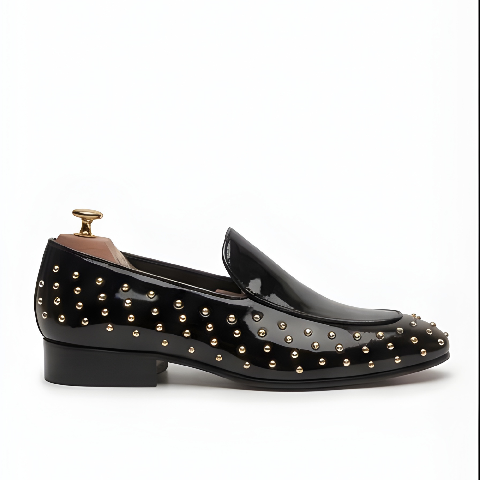 The Monza Handcrafted Black Studded Patent Leather Loafers for Men