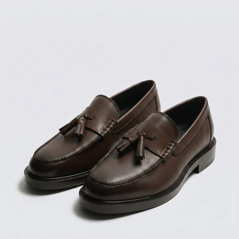 The Torino Premium Brown Leather Tassel Loafers with Moc Toe for Men