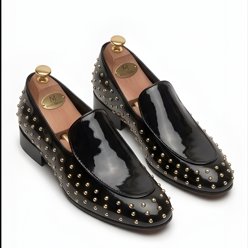 The Monza Handcrafted Black Studded Patent Leather Loafers for Men
