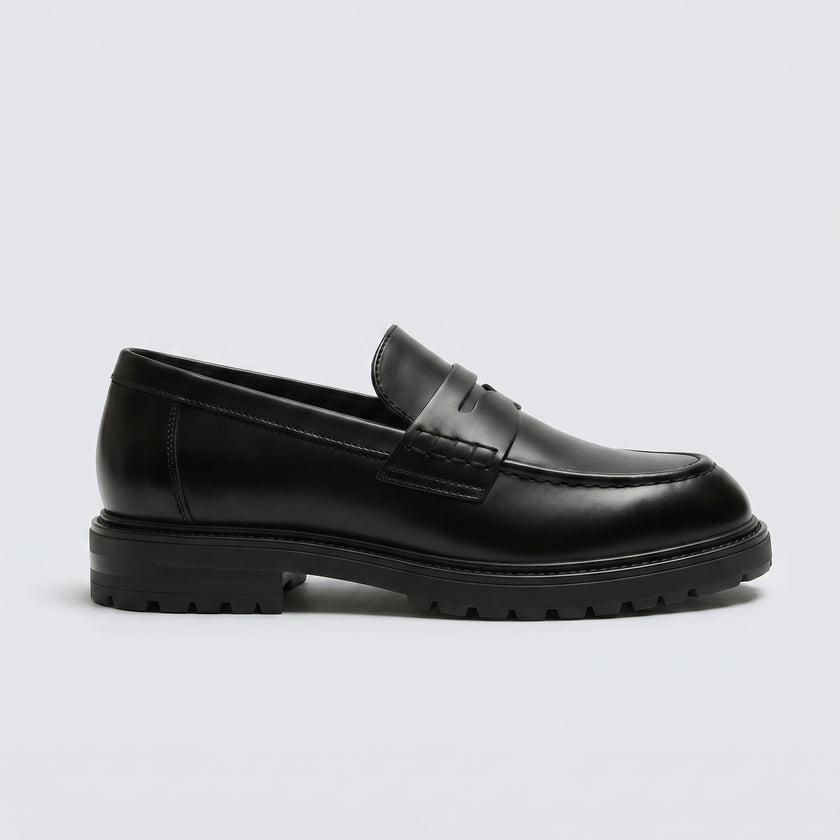 The Verona Handcrafted Leather Black Penny Loafers with Lug Sole for Men