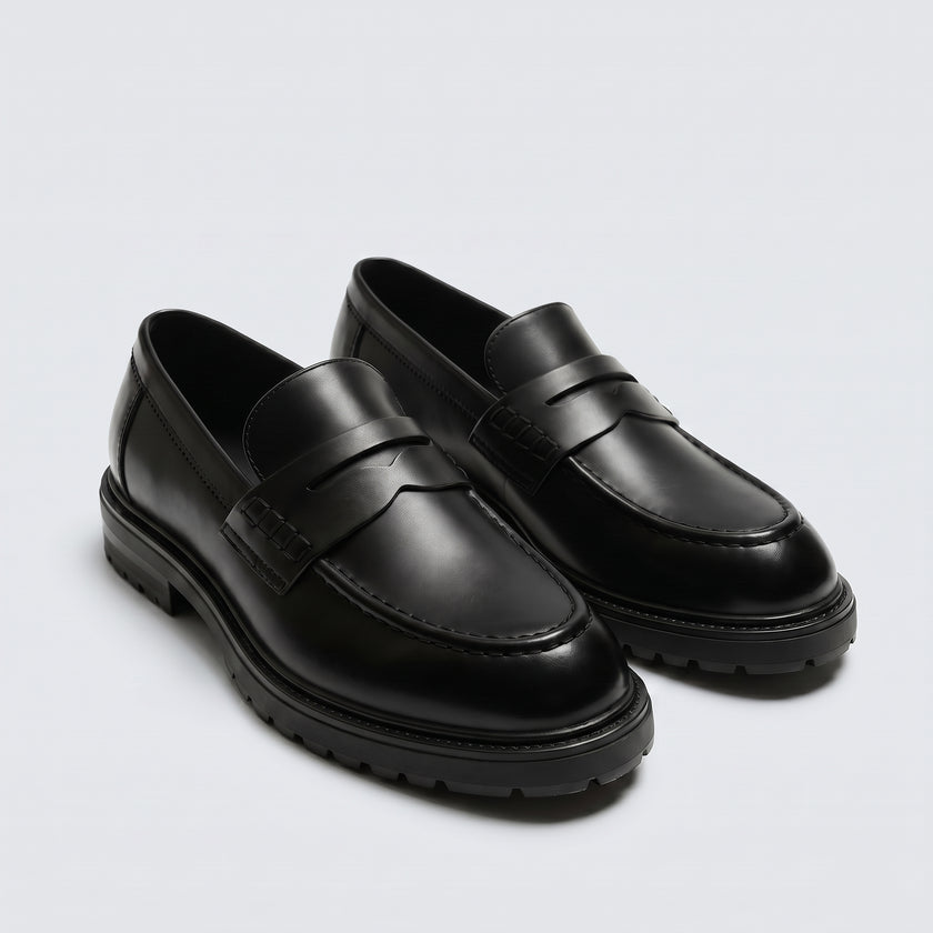 The Verona Handcrafted Leather Black Penny Loafers with Lug Sole for Men