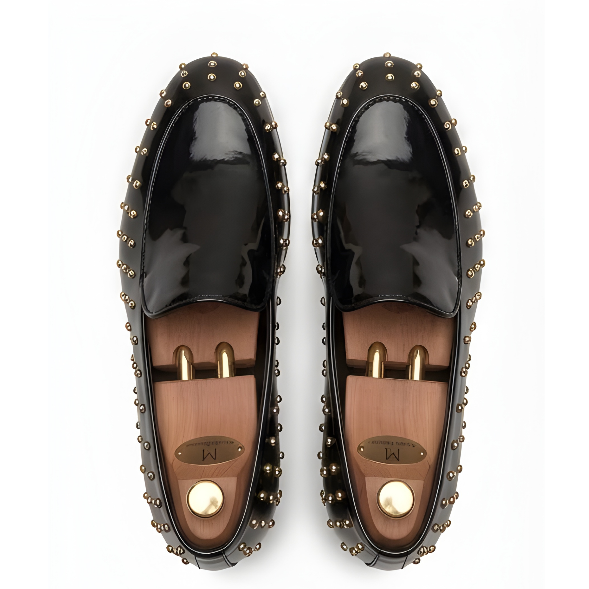 The Monza Handcrafted Black Studded Patent Leather Loafers for Men