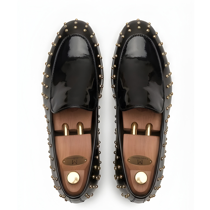 The Monza Handcrafted Black Studded Patent Leather Loafers for Men