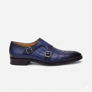 The Cobalt Royale Handcrafted Blue Crocodile-Embossed Leather Double Monk Strap Formal Shoes for Men