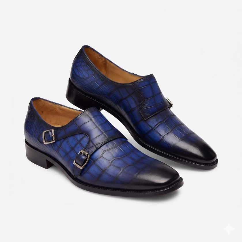 The Cobalt Royale Handcrafted Blue Crocodile-Embossed Leather Double Monk Strap Formal Shoes for Men