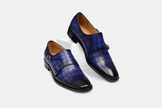 The Cobalt Royale Handcrafted Blue Crocodile-Embossed Leather Double Monk Strap Formal Shoes for Men