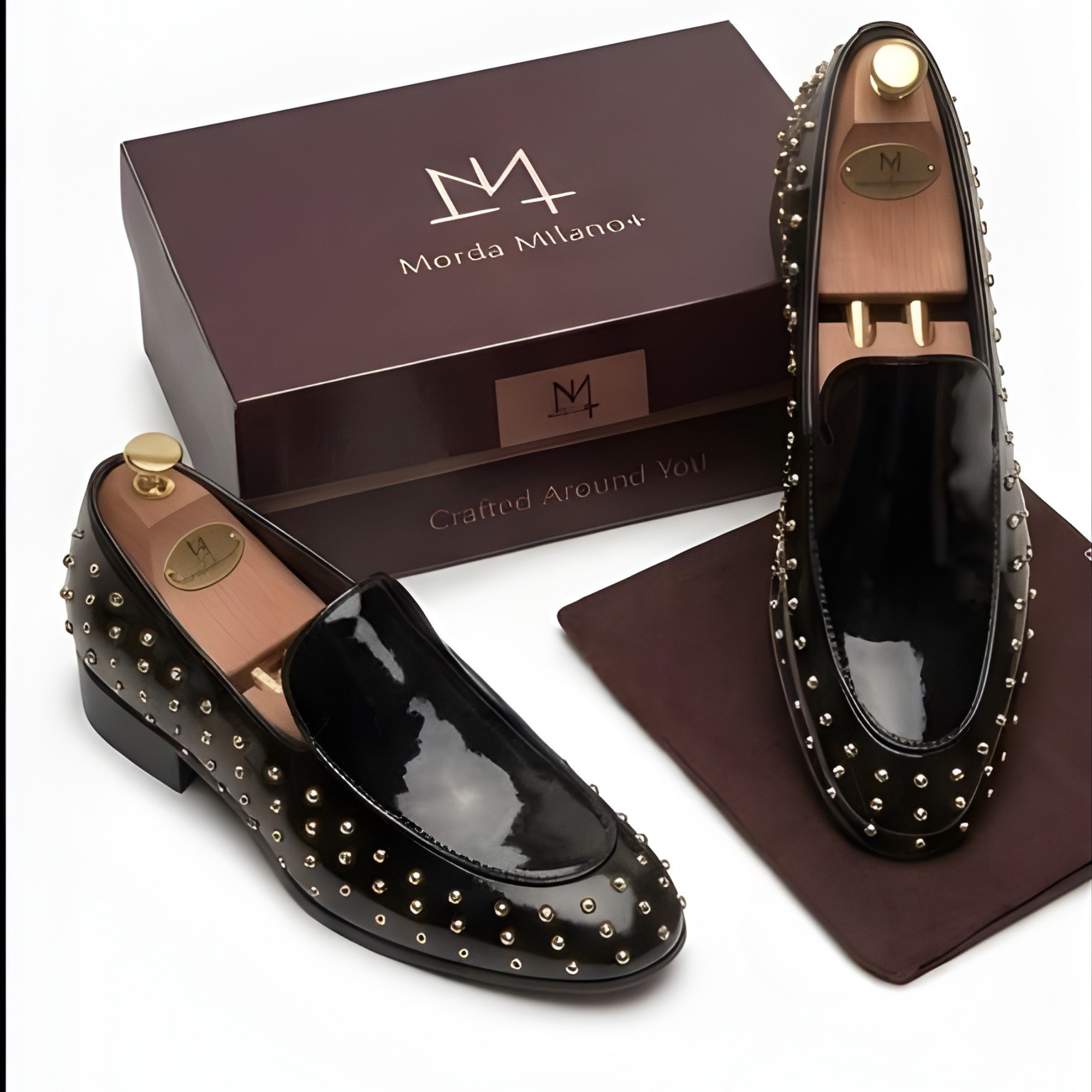 The Monza Handcrafted Black Studded Patent Leather Loafers for Men