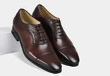 The Windsor Royale Leather Cap Toe Oxfords with Crocodile Embossed Quarters, Sleek Almond Toe and Hand Finished Deep Brown Patina for Men