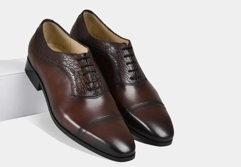 The Windsor Royale Leather Cap Toe Oxfords with Crocodile Embossed Quarters, Sleek Almond Toe and Hand Finished Deep Brown Patina for Men