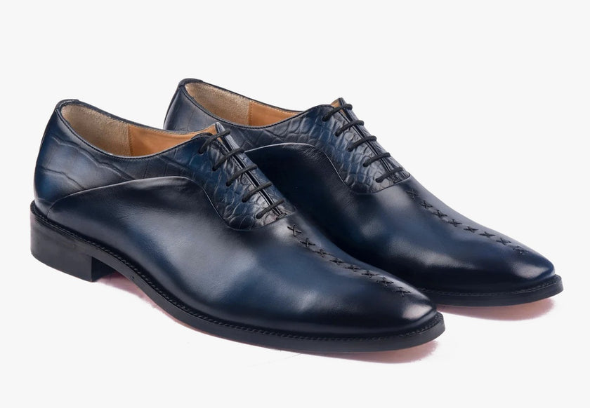 The Oxford Royale Midnight Navy Leather Dress Shoes with Textured Embossed Lace Panels, Handcrafted Cross Stitch Detailing and Refined Executive Styling for Men