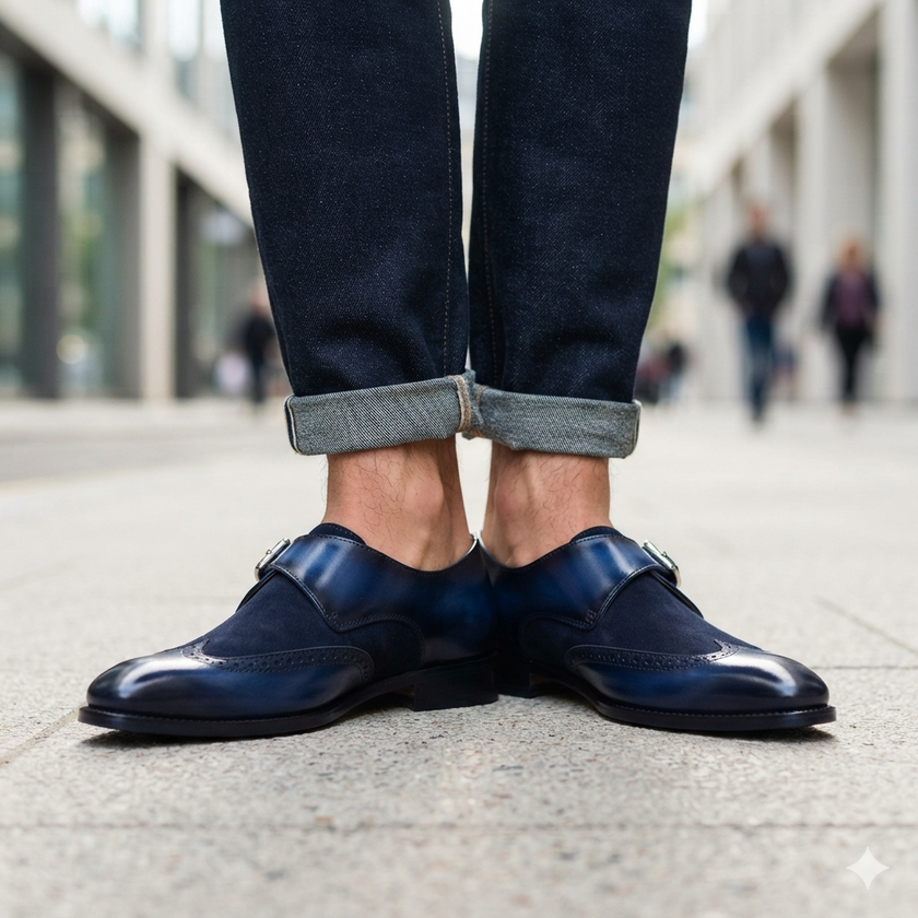 The Verona Blue Handcrafted Navy Blue Leather and Suede Single Monk Strap with brogue detailing for Men
