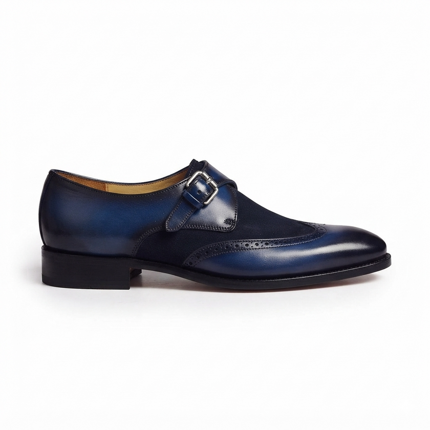 The Verona Blue Handcrafted Navy Blue Leather and Suede Single Monk Strap with brogue detailing for Men