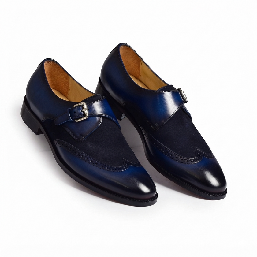 The Verona Blue Handcrafted Navy Blue Leather and Suede Single Monk Strap with brogue detailing for Men