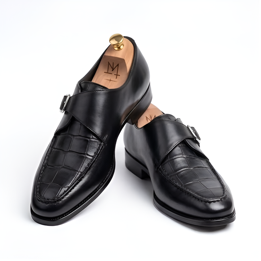 The Verona Handcrafted Black Croc-Embossed Leather Single Monk Strap Shoes