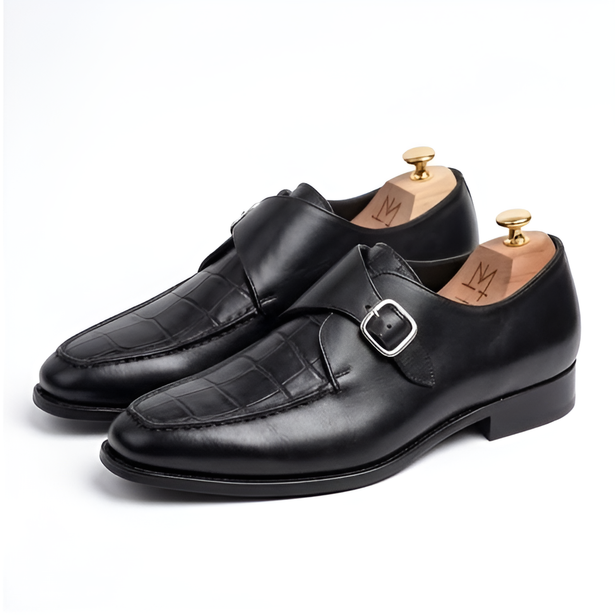 The Verona Handcrafted Black Croc-Embossed Leather Single Monk Strap Shoes