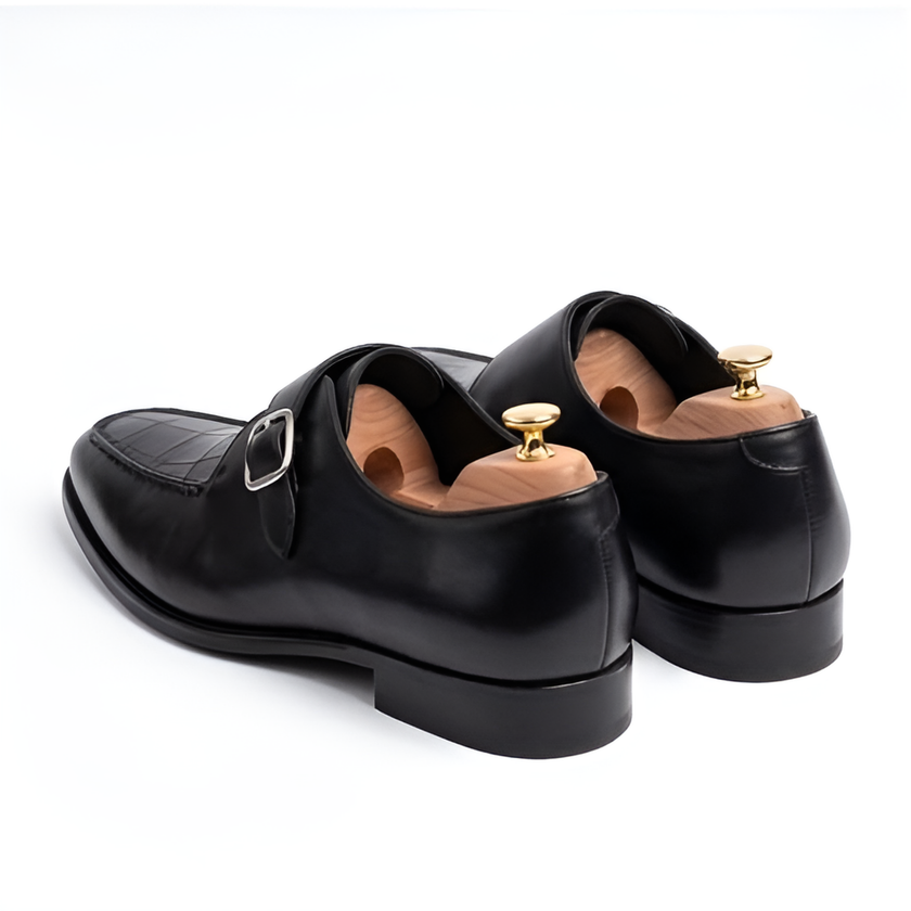 The Verona Handcrafted Black Croc-Embossed Leather Single Monk Strap Shoes