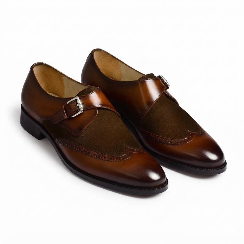 The Verona Cognac – Handcrafted Cognac Brown Leather and Dark Brown Suede Single Monk Strap Shoes with Brogue Wingtip Detailing for Men