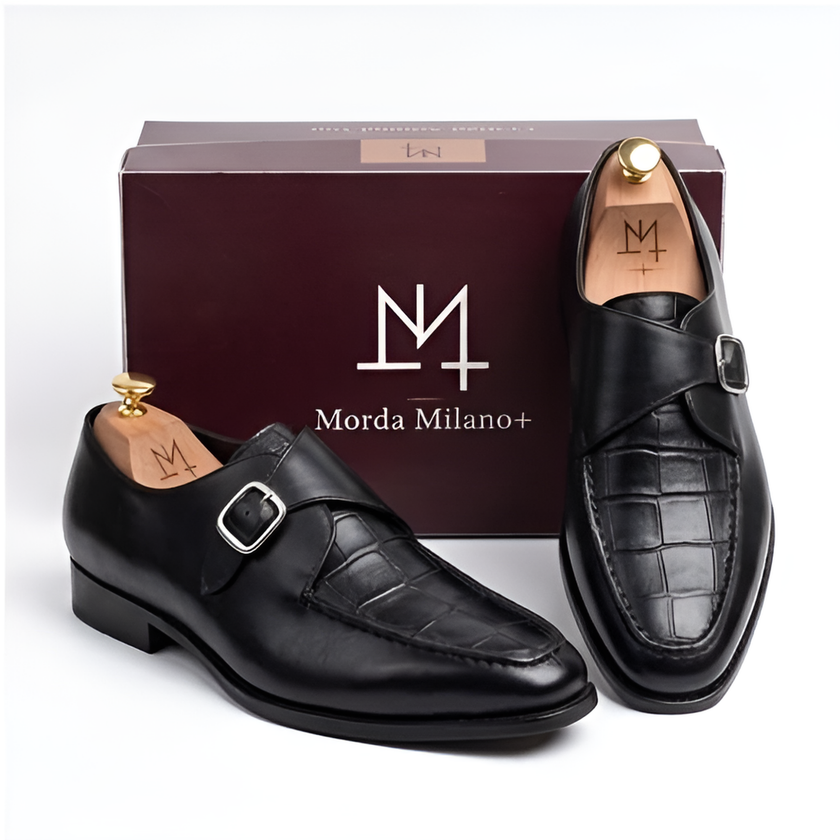 The Verona Handcrafted Black Croc-Embossed Leather Single Monk Strap Shoes