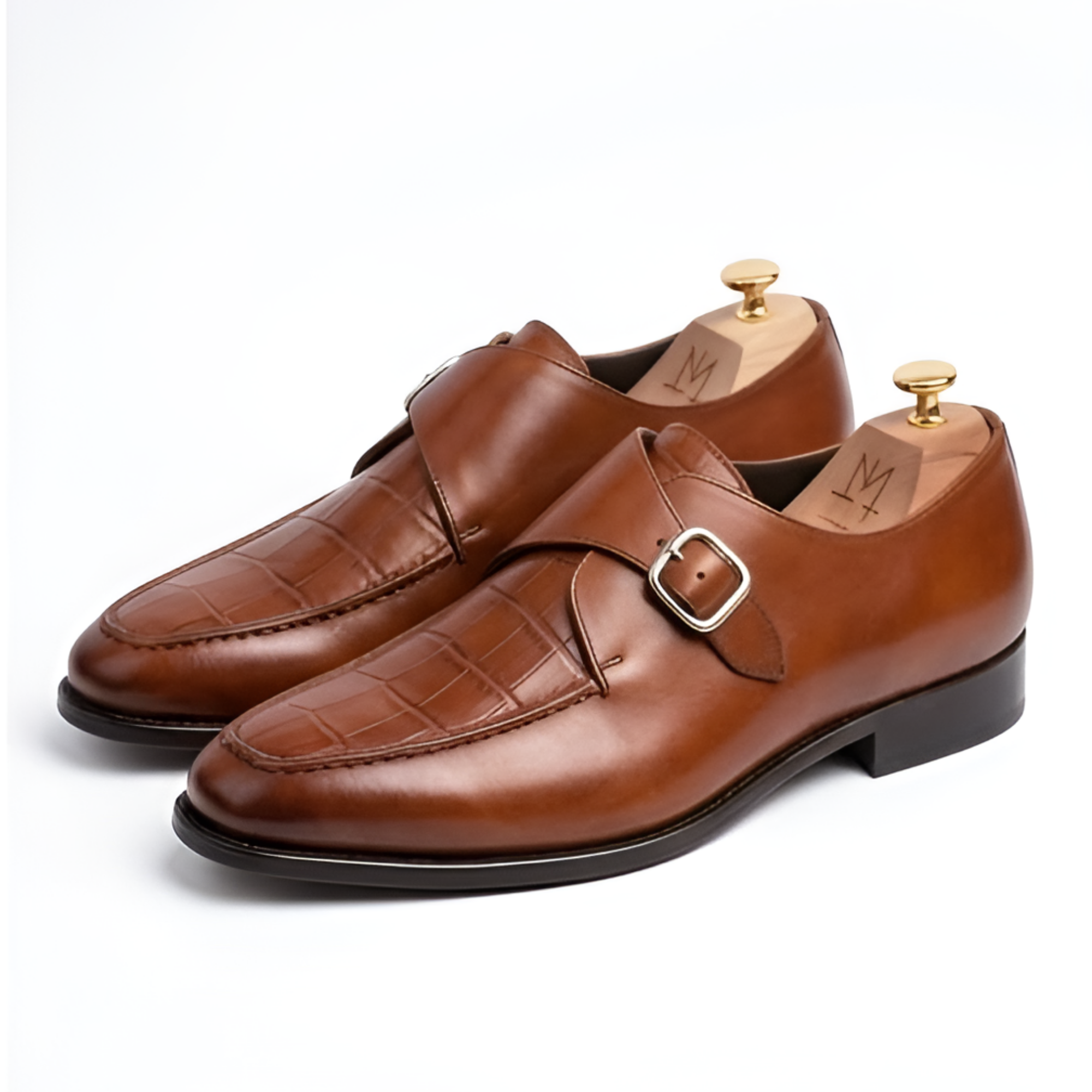 The Verona Handcrafted Black Croc-Embossed Leather Single Monk Strap Shoes