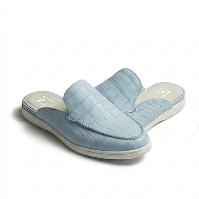 The Amalfi Sky Blue Croc-Embossed Leather Mule Slip Ons for Men