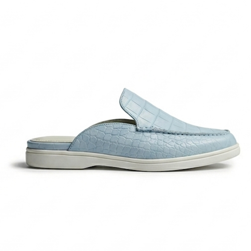 The Amalfi Sky Blue Croc-Embossed Leather Mule Slip Ons for Men - MORDA MILANO