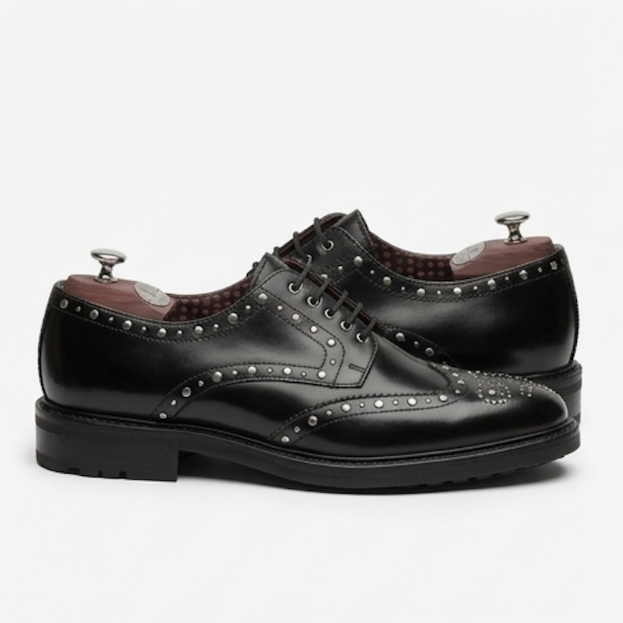 The Roma Handcrafted Black Studded Leather Brogue Derby Shoes for Men