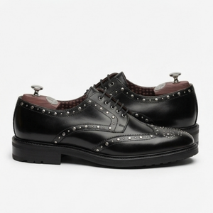 The Roma Handcrafted Black Studded Leather Brogue Derby Shoes for Men