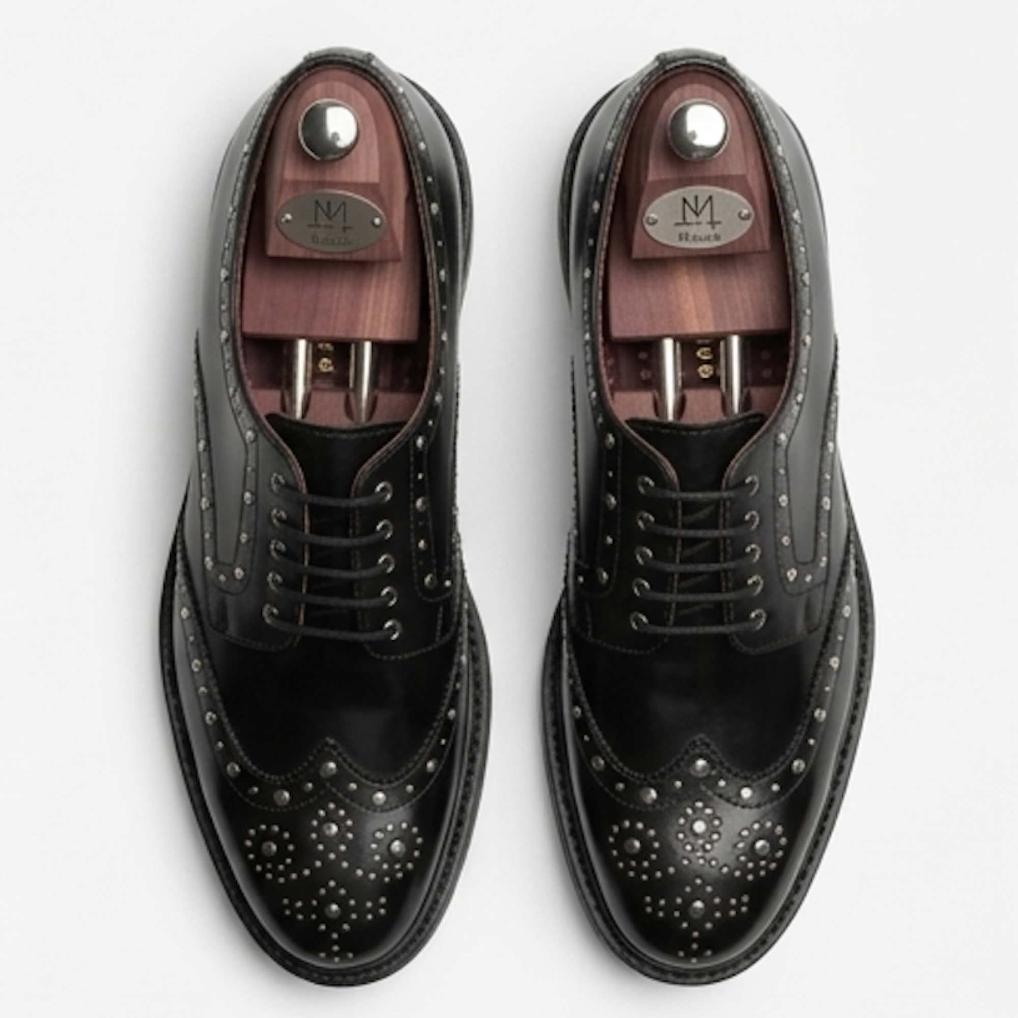 The Roma Handcrafted Black Studded Leather Brogue Derby Shoes for Men