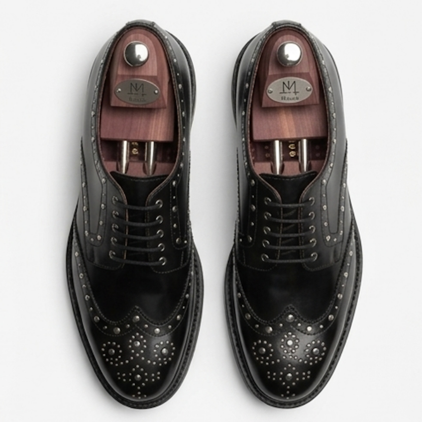The Roma Handcrafted Black Studded Leather Brogue Derby Shoes for Men