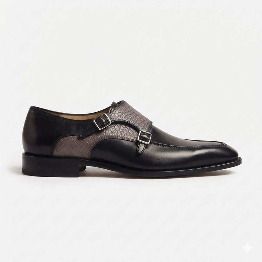 The Verona Ombra – Handcrafted Black Leather Monk Strap Shoes with Grey Crocodile-Embossed Leather Detailing for Men